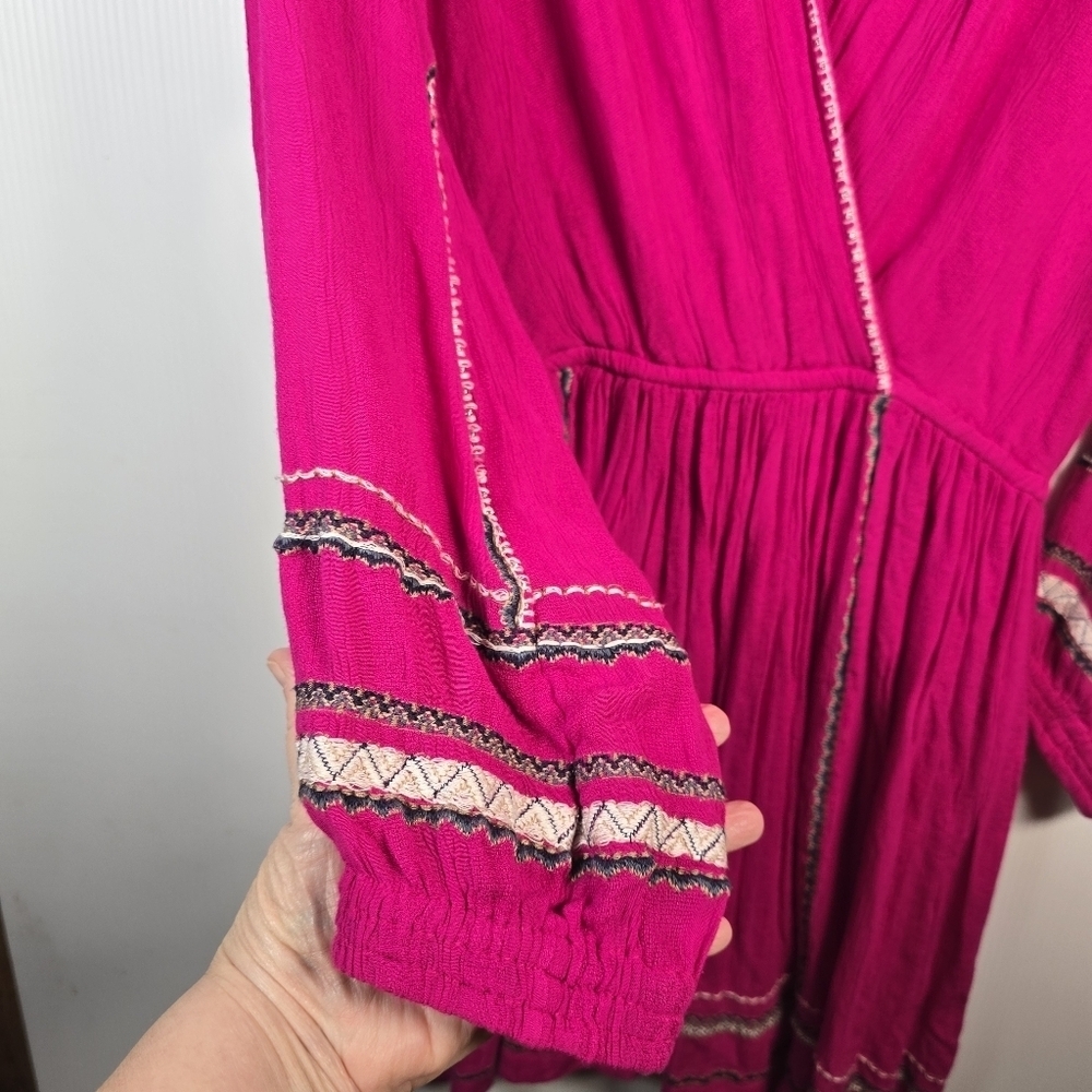 FREE PEOPLE Women's Delilah Embroidered Wrap Mini Dress In Hot Pink Boho Size M - Picture 9 of 16